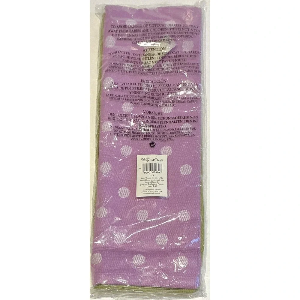 NEW Pampered Chef Dots Kitchen Towels Set of 2 Green & Lavender 2979